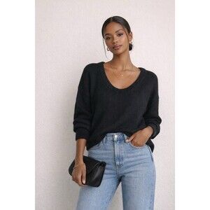 Black Pull Over Womans minimalist knit sweater with a wide scoop neck size M